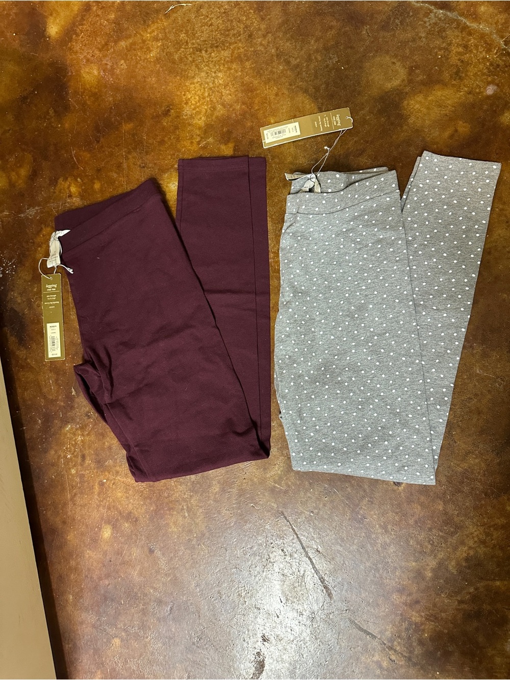LC Lauren Conrad Maroon Leggings with Gray Polka Dot Pair